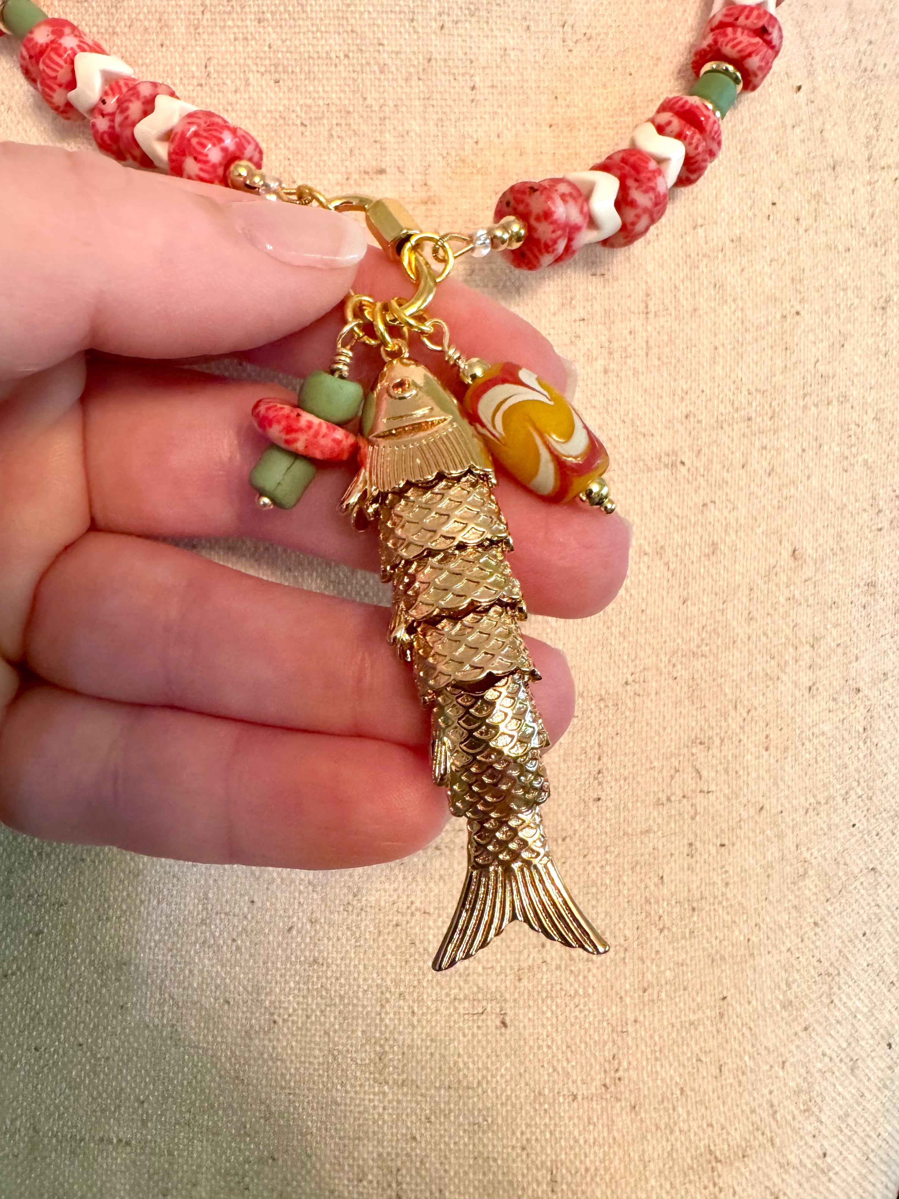 Coral and Green Fish Charm Necklace
