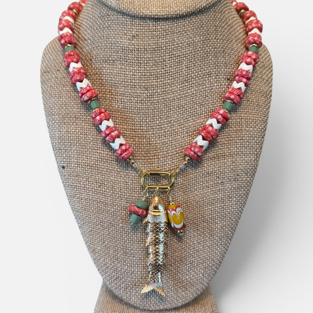 Coral and Green Fish Charm Necklace