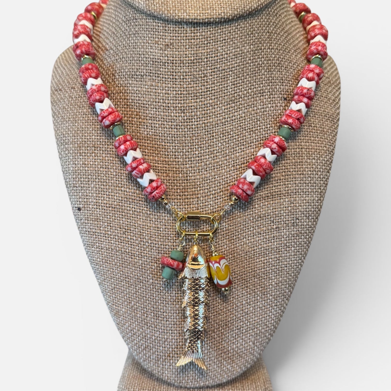 Coral and Green Fish Charm Necklace