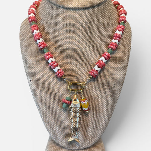 Coral and Green Fish Charm Necklace