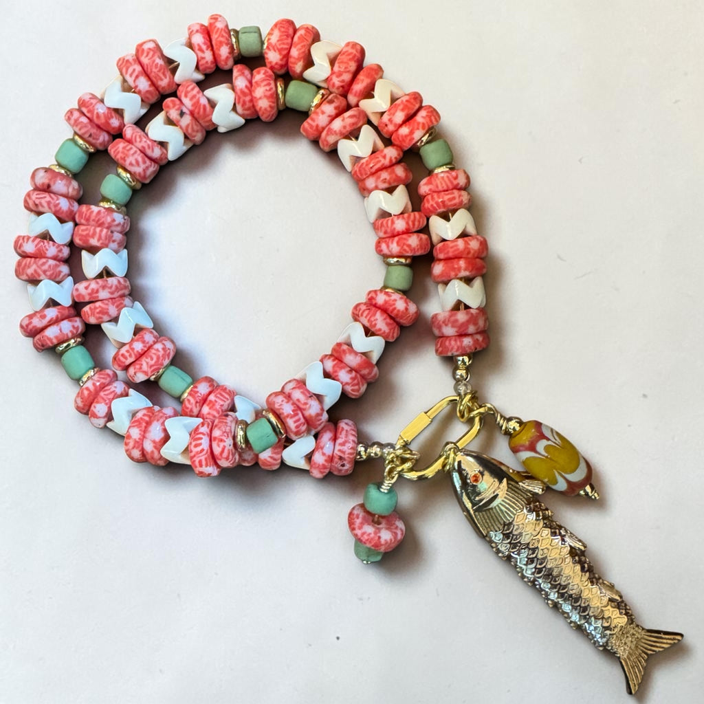 Coral and Green Fish Charm Necklace