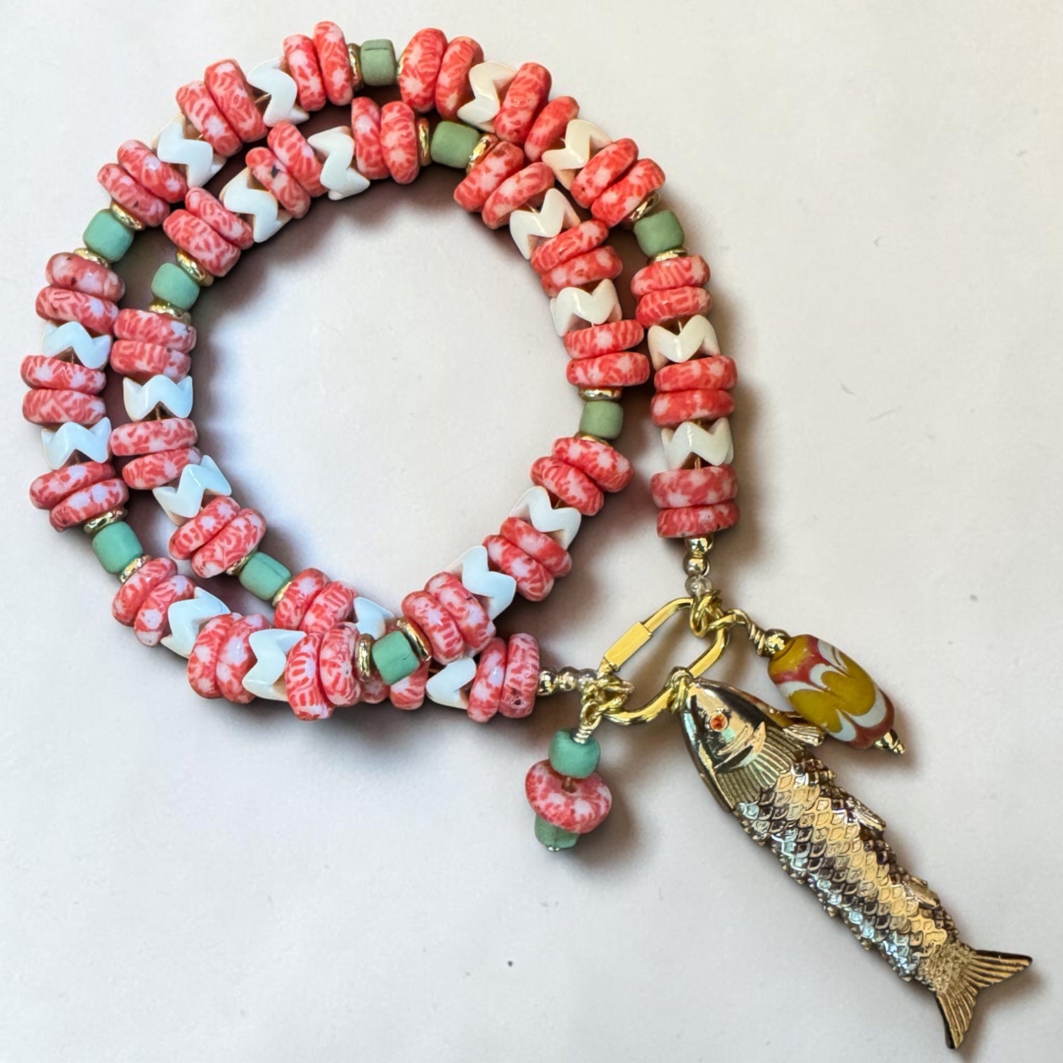 Coral and Green Fish Charm Necklace