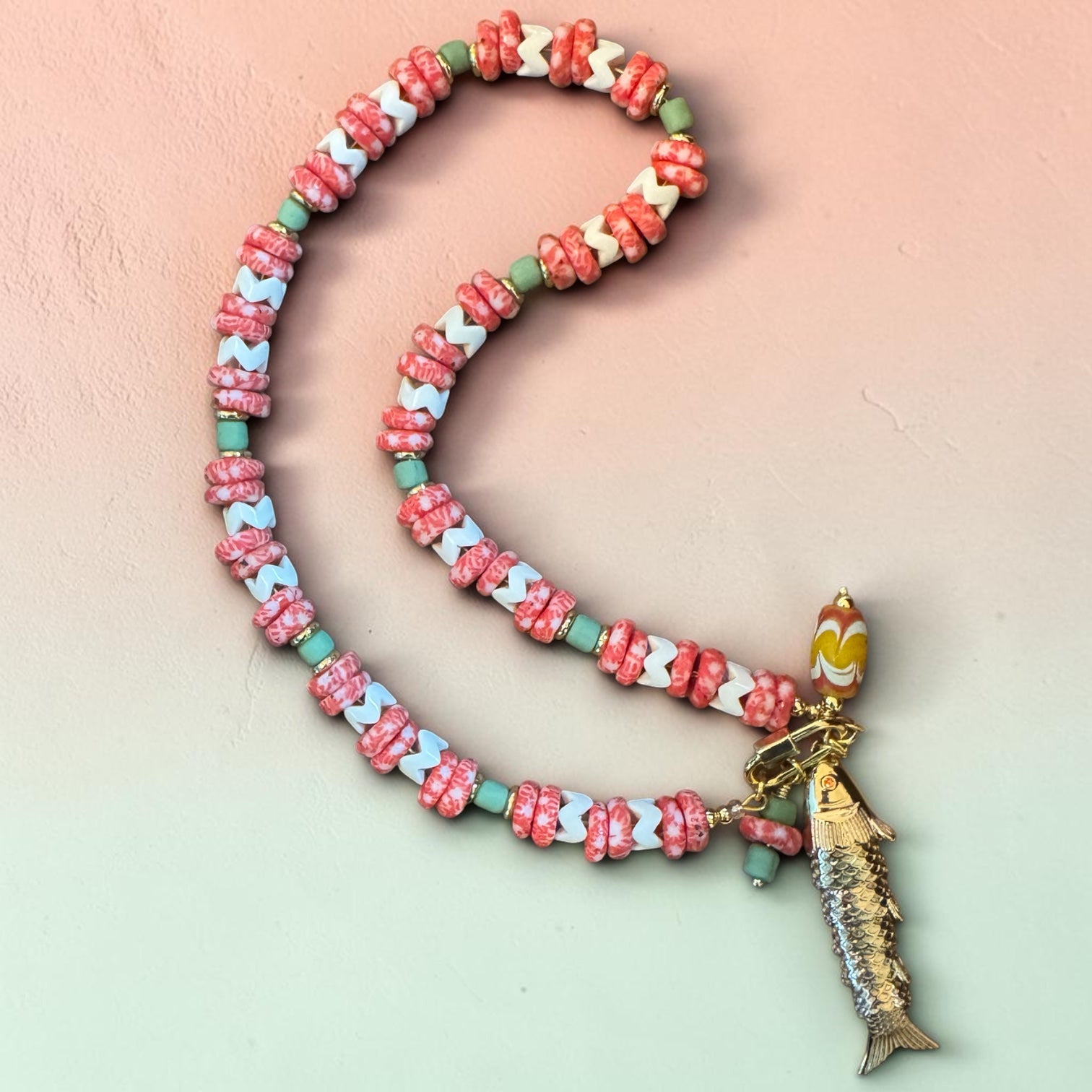 Coral and Green Fish Charm Necklace
